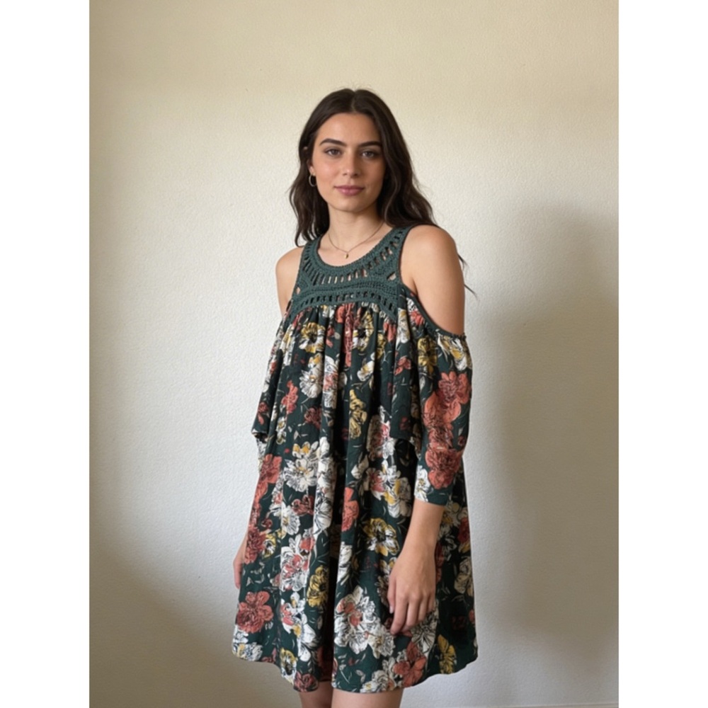 Boho dress green floral cold shoulder